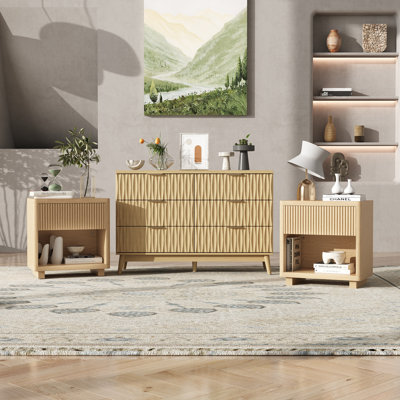 3 Piece Bedroom Set, 6 Drawer 47.2" W Double Dresser And Set Of 2 Drawer Nightstands With Charging Station