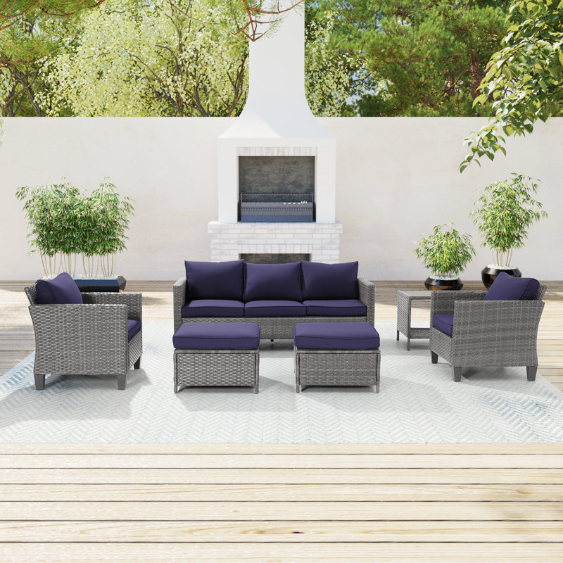 Jonson Wicker 5 - Person Patio Conversation Set with Cushions, Navy Blue, Gray