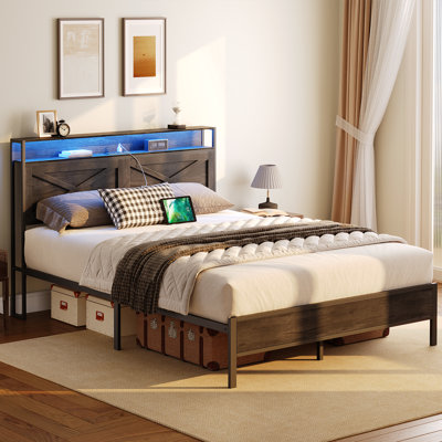 Alverstone Metal Bed Frame Platform Bed with Headboard and Charging Station