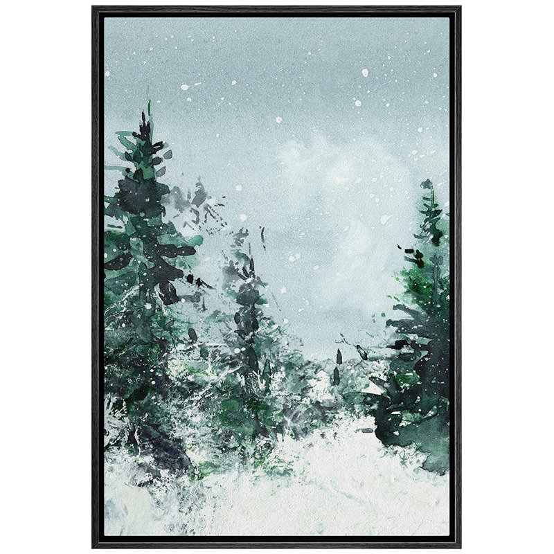 «Woodland Forest Landscape Winter Snow Watercolor Pine Tree Forest Nature», impression sur toile, Toile encadrée noire