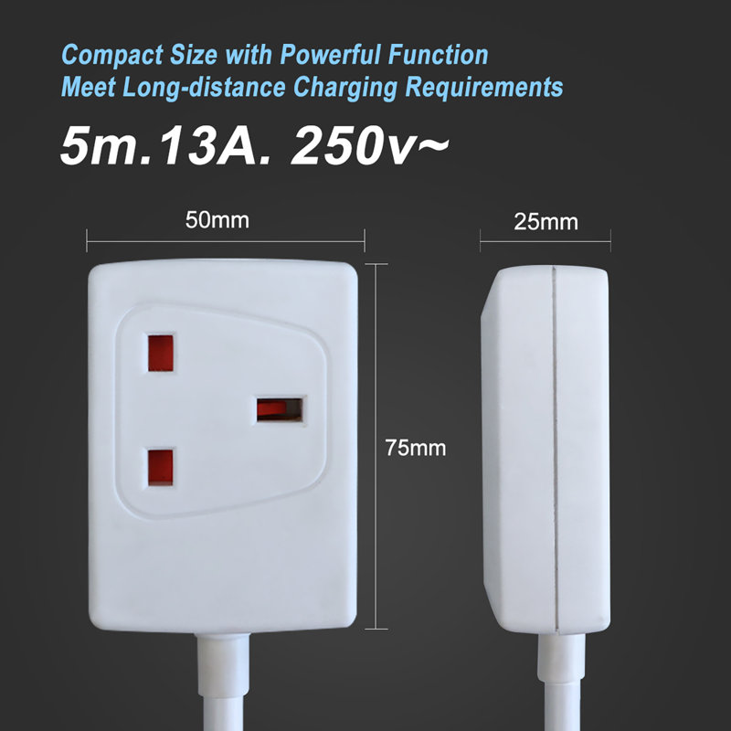 1 Gang Single Socket Extension Lead 13A UK 3Pin Plug - 10 Metre Cable, 3cm H x 27cm W x 9.5cm D, White