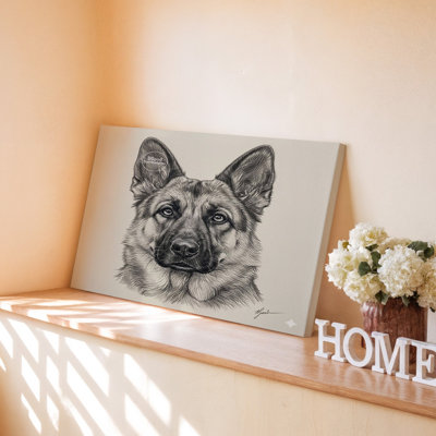 German Shepherd Dog Detailed Black And White Pet Portrait Canvas Wall Art Print For Living Room, Bedroom, Office, Hallway, Entryway, Gallery Wall And Modern Home Decor