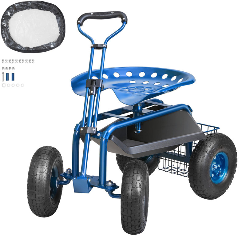 Blue Steel Rolling Garden Work Seat with Swivel and Storage