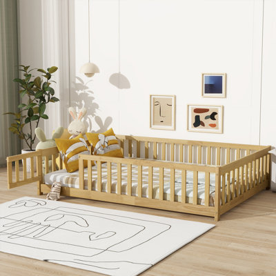 Full Size Rubber Wood Floor Bed with Fence and Door, Safety Guardrails, Kids Montessori Bed, Natural