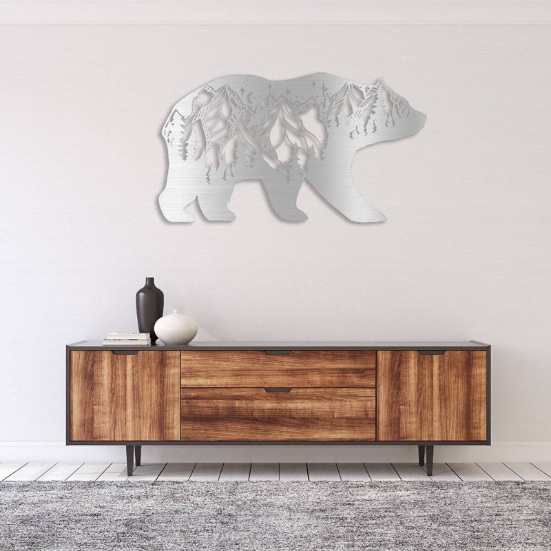Ours en métal, art mural montagne, faune, paysage, silhouette - ours en silhouette, Noir, H 23 po x l 48 po x P 0,12 po