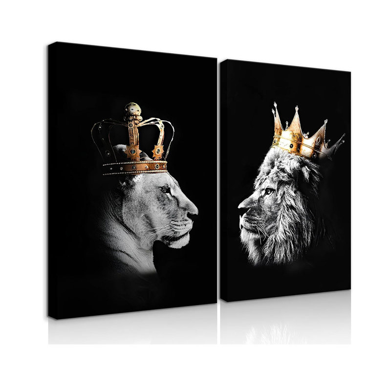Black and White Lion Wall Art - King and Queen Lioness Canvas Wall Decor with Gold Crown - Wild Animal Couple Prints Ready to Hang (12x16in)