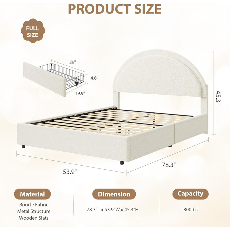 Structure de lit tapissier avec 2 tiroirs de rangement Boucle, Lit double, Beige