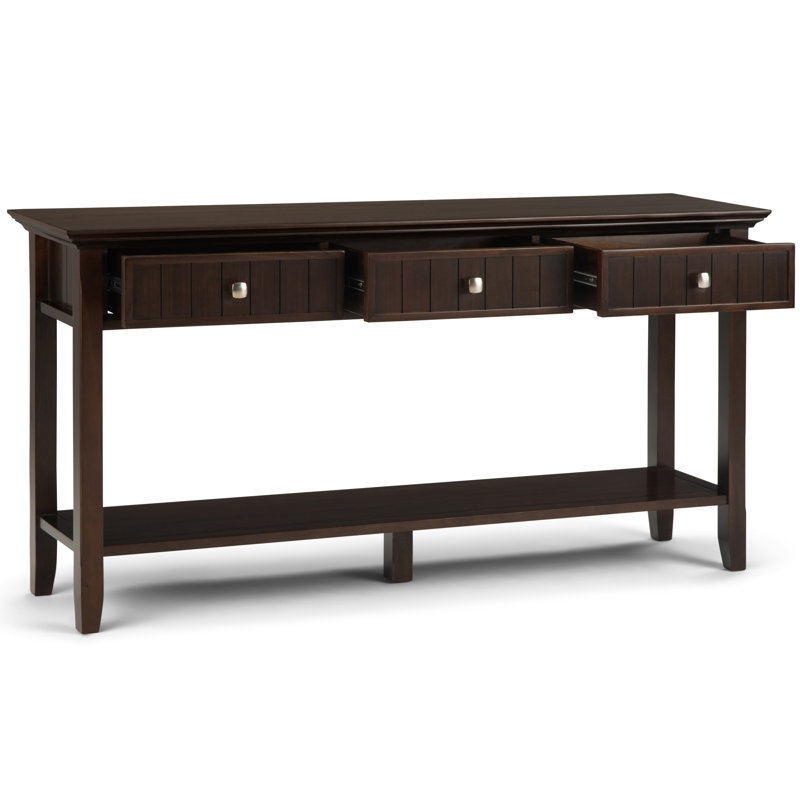 Table de canapé transitionnelle en bois massif de 60 po avec 3 tiroirs et tablette ouverte Acadian, Brun brunette