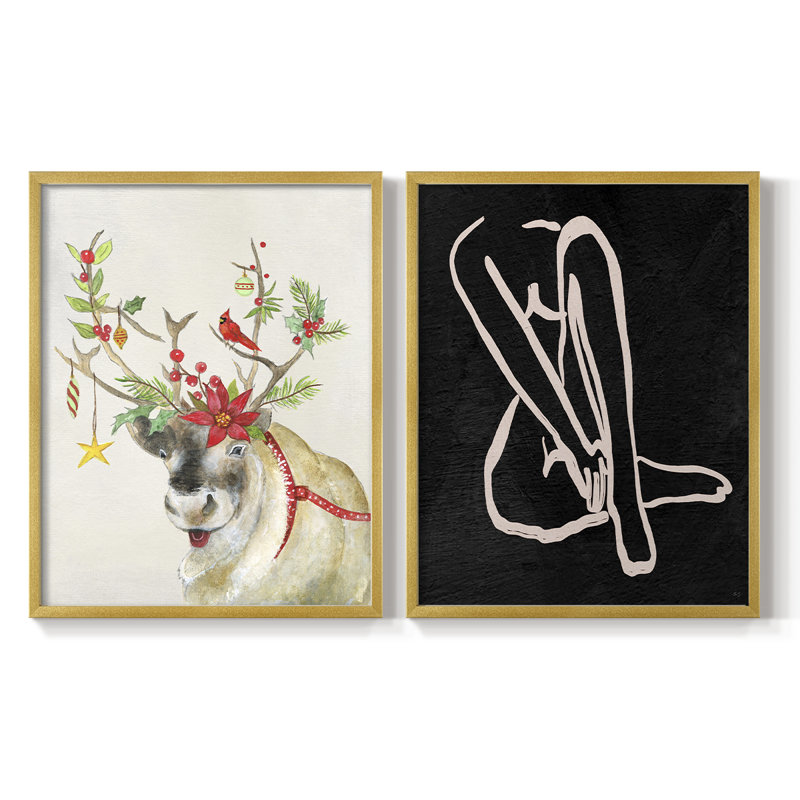 Playful Reindeer II - reproduction encadrée de qualité supérieure - prête à être accrochée - aucun clou requis - aucun clou requis