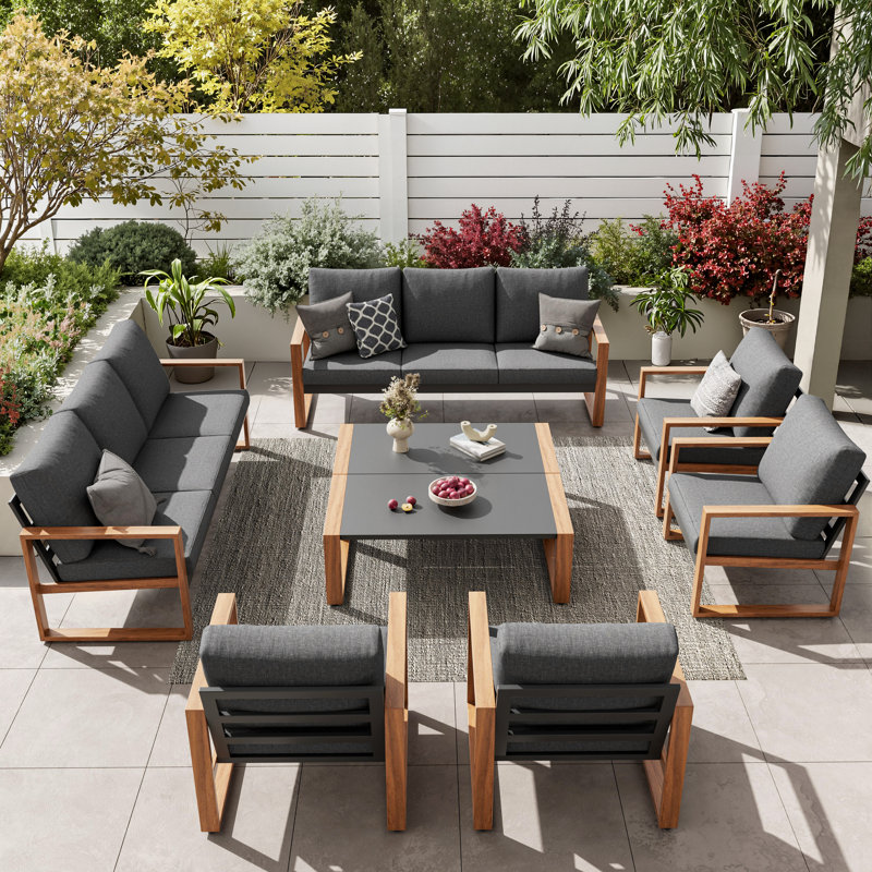 Arunas 10-Person Outdoor Conversation Furniture Set with Wood Grain Pattern & Cushions