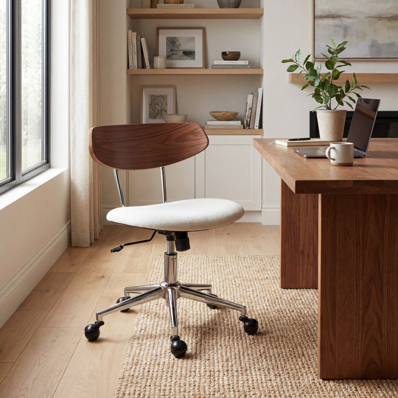 Mid Century Modern Desk Chair With Wood Back, Adjustable Height Swivel Office Chair, Ergonomic Beige Fabric Upholstered Task Chair With Wheels, Retro Style For Study & Computer Room