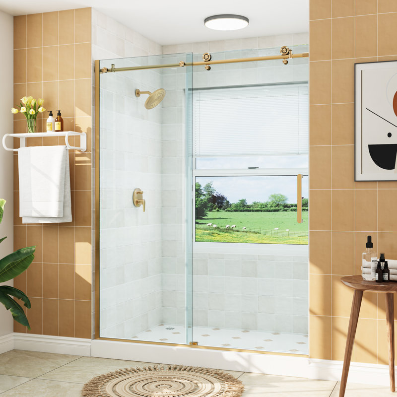 Porte de douche coulissante simple sans cadre avec verre transparent 55 "- 59" x H 75 ", Or