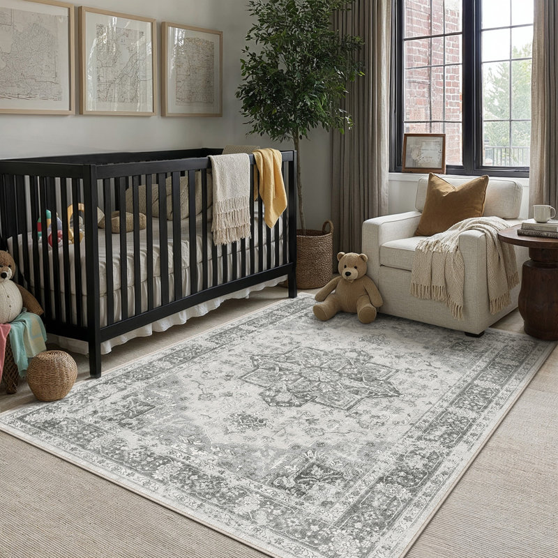 Tapis lavable rétro patiné avec envers antidérapant, Gris, Rectangulaire 3 pi x 5 pi