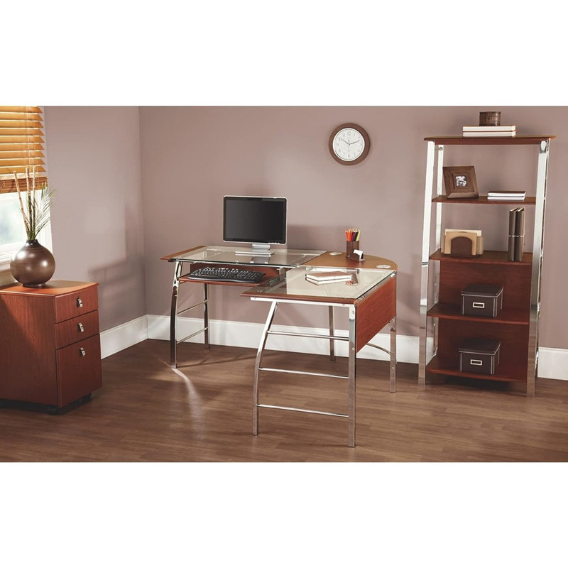Large bureau d'angle en L, bureau à domicile moderne, finition cerisier et chrome