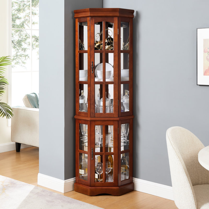 Vitrine de coin en noyer avec 5 tablettes et système d'éclairage à 5 tablettes, Noyer, H 68,46 po x l 23,4 po x P 17,62 po