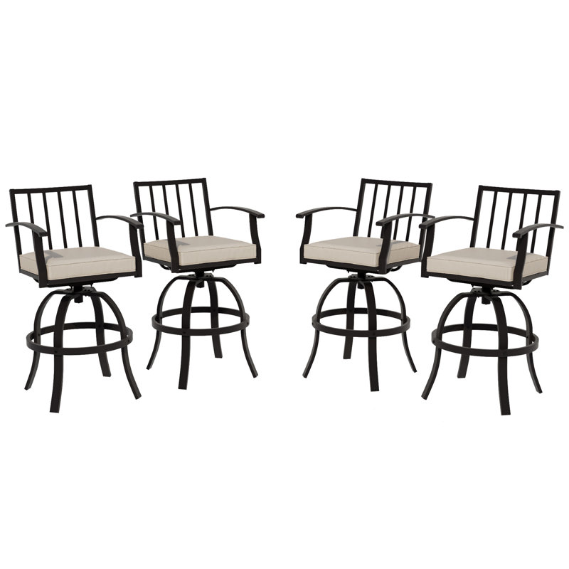 4-Piece Powder-Coated Steel Swivel 29.4" Patio Bar Stool With Armrests And Cushions, Tan