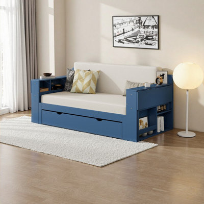 Canapé-lit double pleine grandeur avec bureau amovible, tiroirs de rangement et table d'appoint hydraulique, bleu