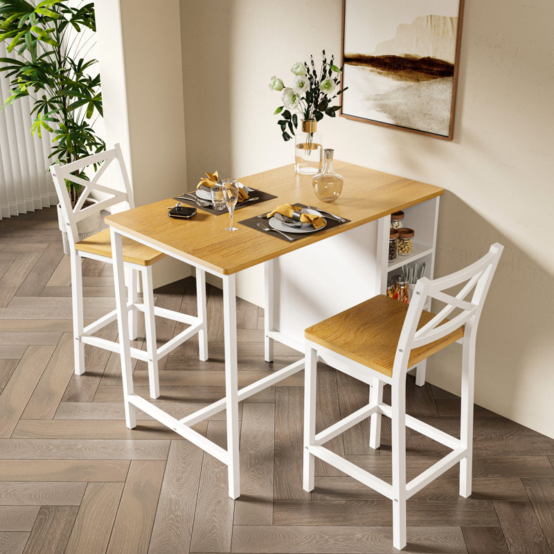 Industrial Style 3 Pieces Counter Height Dining Table Set With Storage Shelves, 41.3’’L Rectangular Dining Table With 2 Dining Chairs For Compact Kitchen Or Dining Room