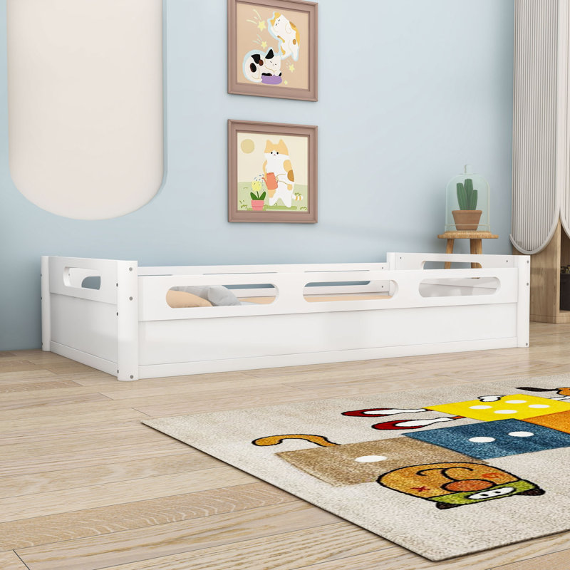 Lit plateforme au sol avec garde-corps, Lit simple, Blanc