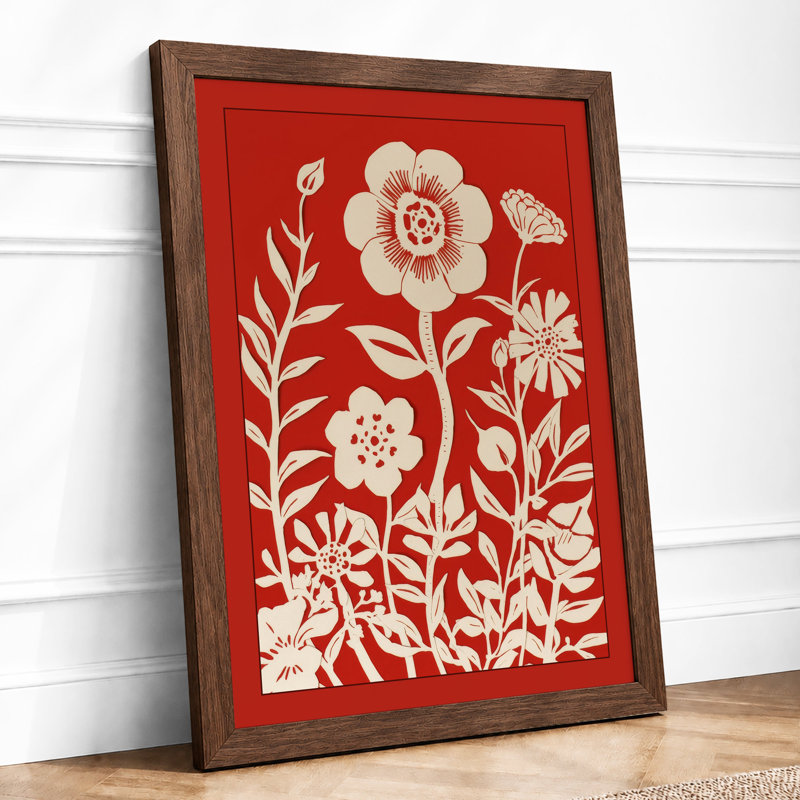 Floral Pattern In Red Botanical - Print, A2 - 59.4 x 42.0 cm, Walnut