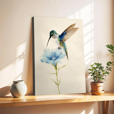 Aquarelle d'un colibri avec une fleur bleue - Grande toile tendue sur châssis - Décoration murale pour salon ou chambre