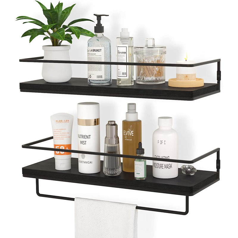 2 Piece Metal Floating Shelf with Towel Bar, Black