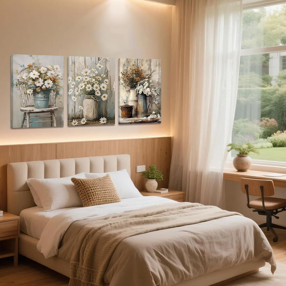 Dakota Fields Rustic Farmhouse Floral Daisy Canvas Wall Art Set Of 3 ...