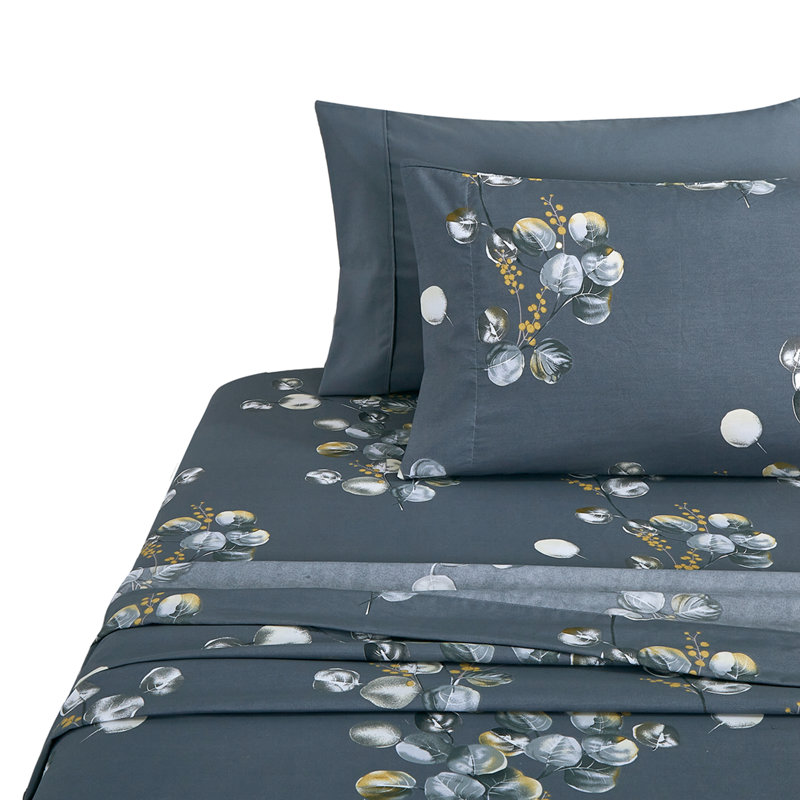 Marina Decoration Home Decor Bedding Bedroom Bedsheet Soft Silky Deep Pocket Rayon from Bamboo All Season 4 Pieces Printed Sheet Set with 2 Pillowcases, Slate Blue Leaf Pattern Twin/Single Size