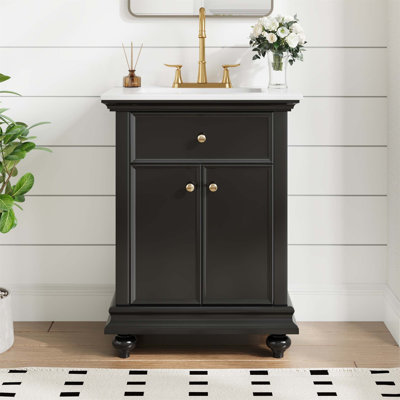 Meuble-lavabo moderne de 24 po avec tiroir basculant, charnières à fermeture douce et pieds tournés en boule de l'élégance française