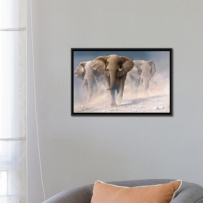 «Run Elephants I», impression sur toile, H 40 po x l 60 po x P 1,5 po, Toile avec cadre noir, Pas de tapis