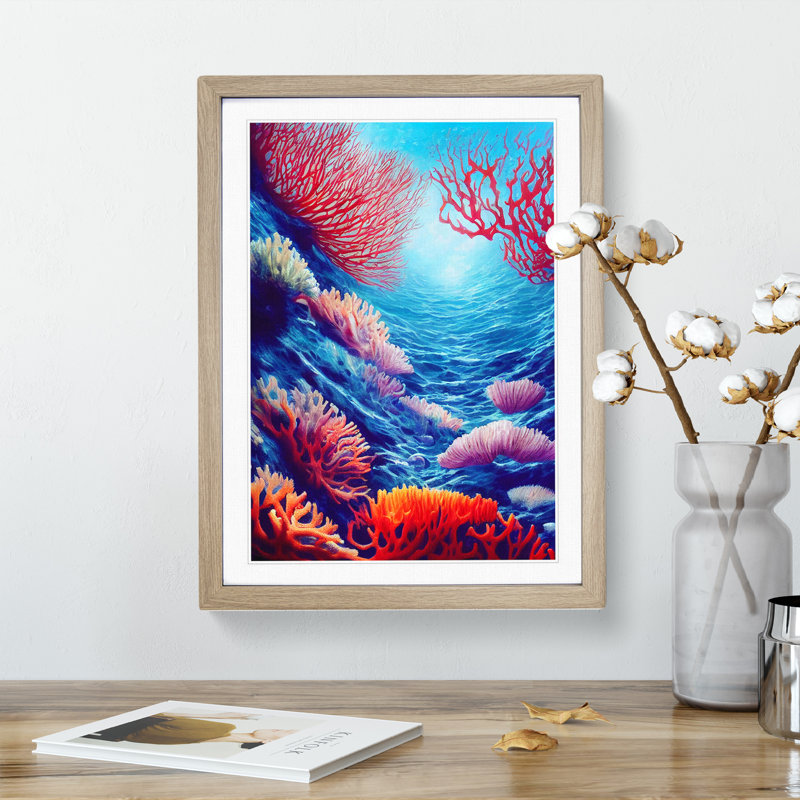 Colourful Coral Reef No.2 - Single Picture Frame Painting, 64cm H x 46cm W x 2cm D, Oak