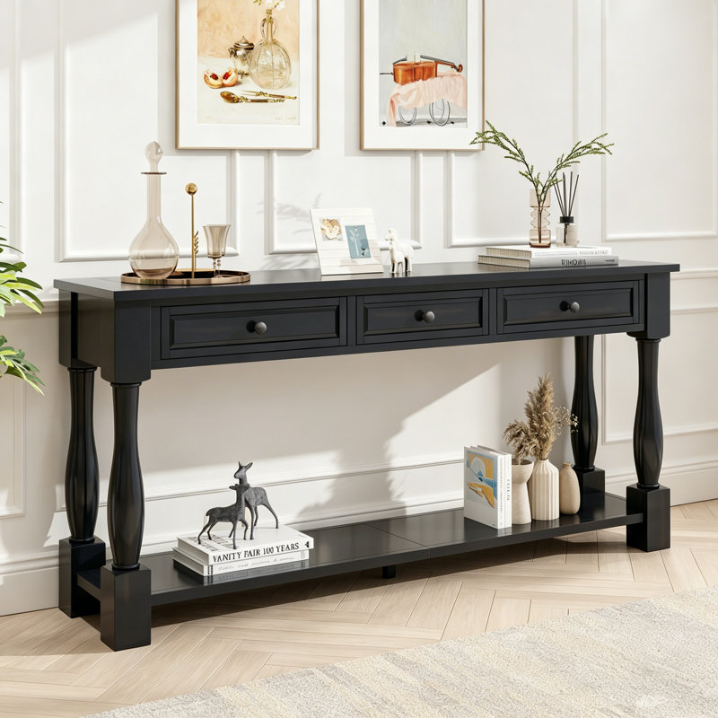 Console Console de 63 po de long avec tiroirs et tablette pour le vestibule, le couloir et le salon, Navy