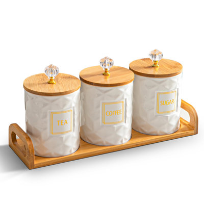 3 Pack 23oz White Ceramic Canisters With Wooden Lids and Tray For Coffee Sugar Tea