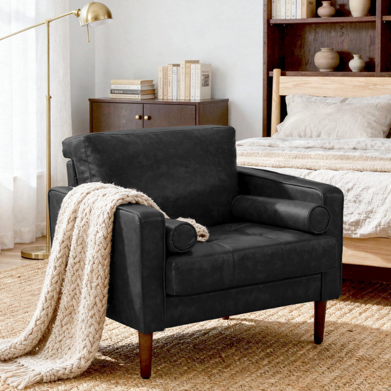 Fauteuil club capitonné Iliana en similicuir, accoudoirs carrés, avec 2 coussins, Similicuir noir