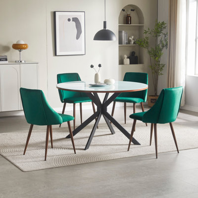 Ensemble de salle à manger rond 47,2 po avec base en verre et 4 chaises d'appoint en velours pour la cuisine, le salon et la salle à manger