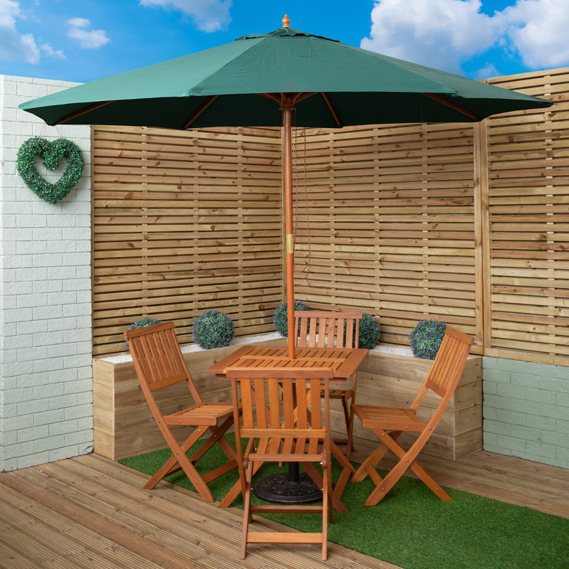 Gillian Outdoor Folding Wooden Garden Dining Table Chairs Parasol And Base Set, Green, 5 Pieces: Table, 4 Chairs