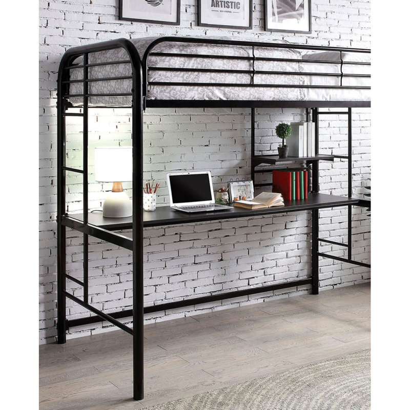 Finition du lit simple échelle complète de style contemporain en métal avec tablettes sous le lit et poste de travail avec garde-corps