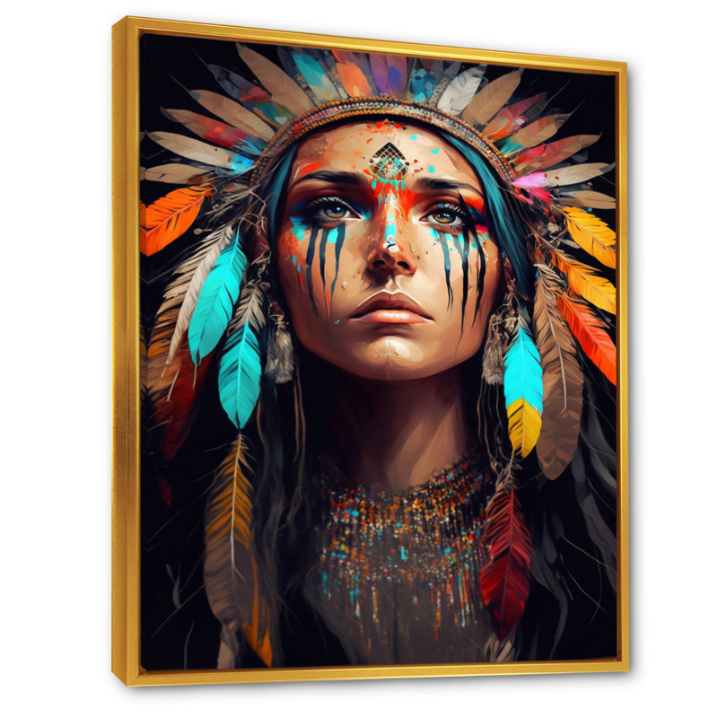 Art coloré de femme amérindienne colorée II, H 40 po x l 30 po x P 1,5 po, Toile avec cadre flottant or