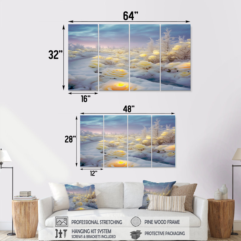 «Yellow Roses Magic Winter Field - Roses», art mural 4 pièces, H 28 po x l 48 po