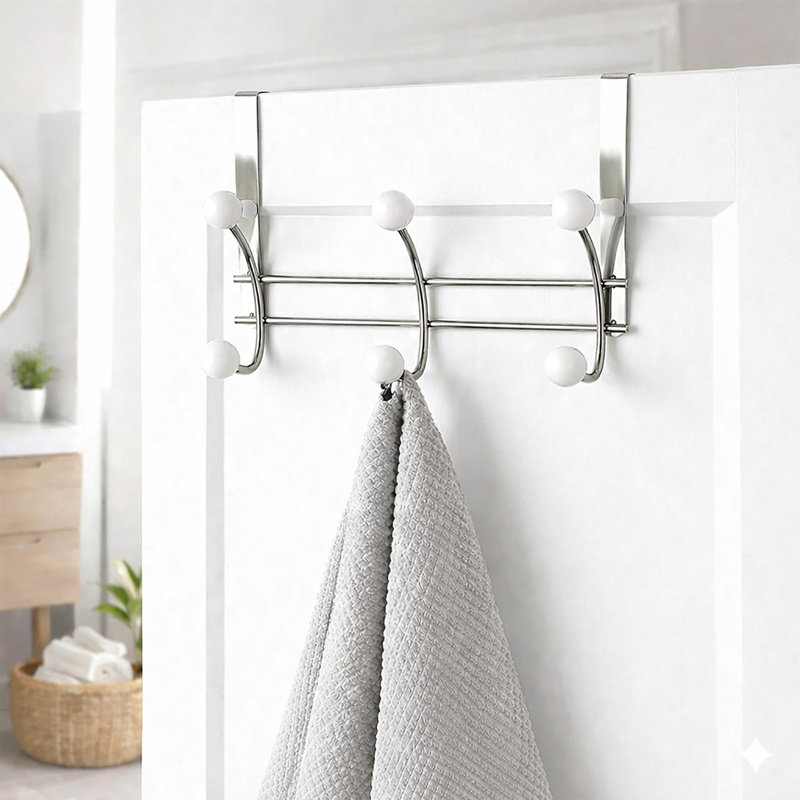 6-Hook Over-the-Door Hook Rack, Chrome/White