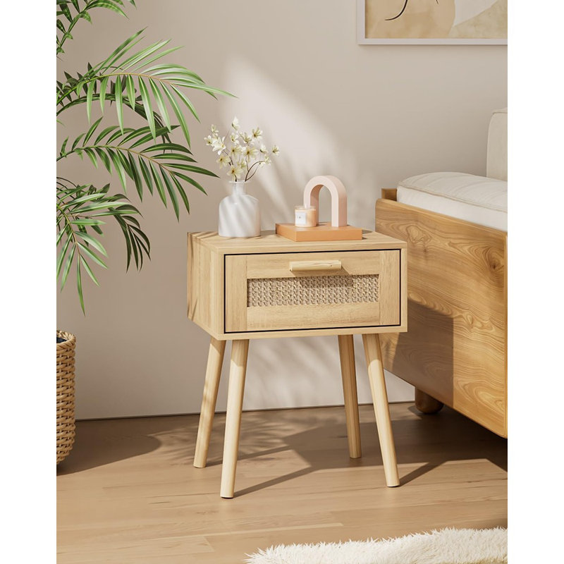 Rattan Nightstand, Modern Bedside Table With Rattan..., Brown