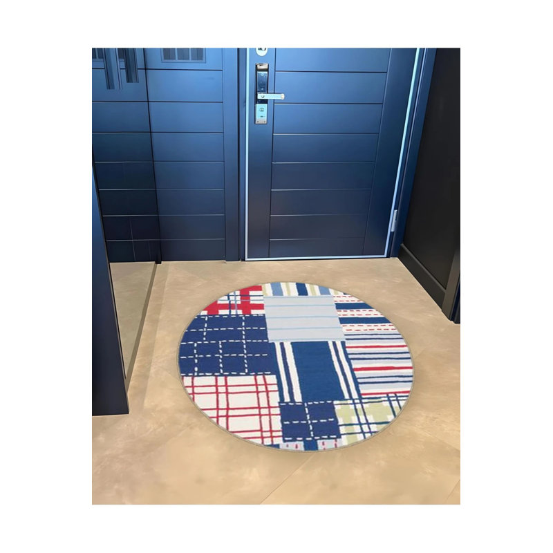 Blue And Red Line Detailed Woven Base Modern Decorative Carpet, Round 2'8"
