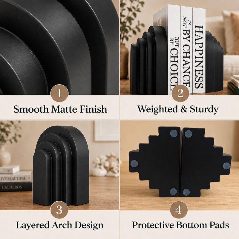Serre-livres esthétiques pour la décoration intérieure moderne, Noir mat