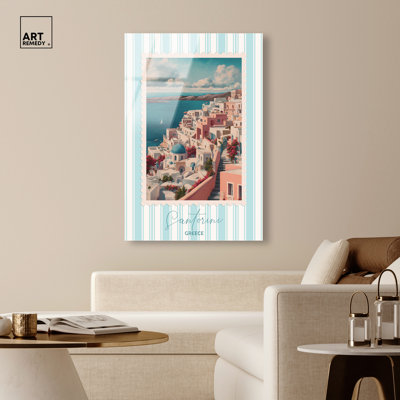 «Santorini Travel Stamp», reproduction d'art sur affiche rétro par Art Remedy, prête à être accrochée, 36 x 54
