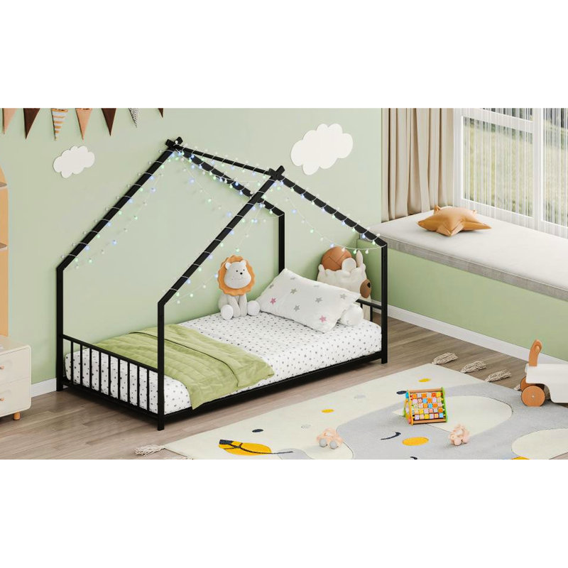 Structure de lit simple en forme de toit noir avec bandes à DEL, longueur 78,5 po, largeur 40,9 po, hauteur 58,4 po, éclairage silencieux et sécuritaire, structure