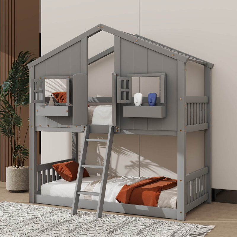 Twin-On-Twin House-Style Bunk Bed Fully Equipped With Roof, Window, Door, Safety Guardrails, And Ladder, Gray