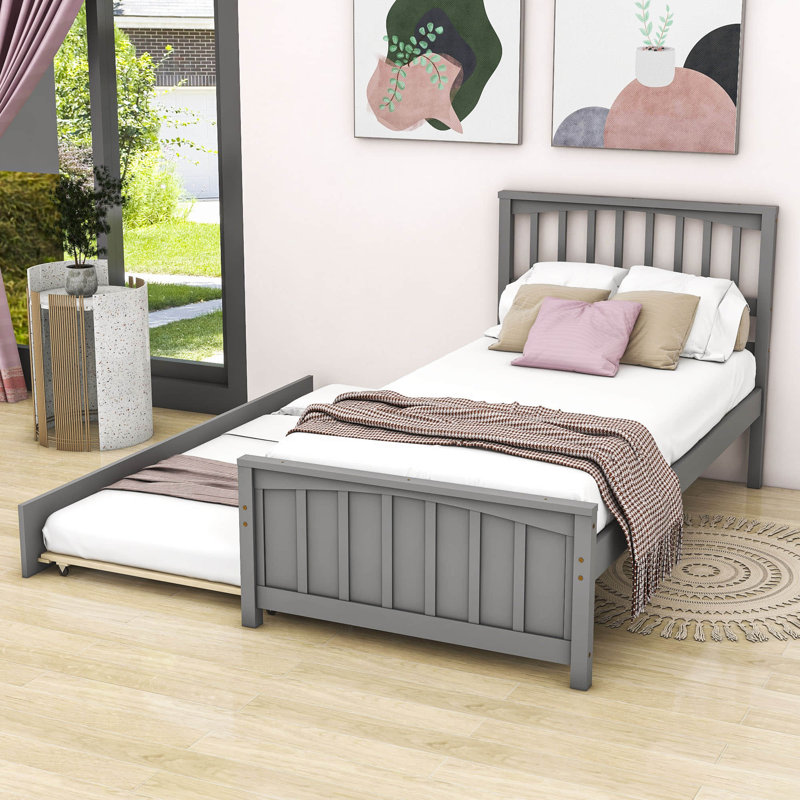 Lit plateforme simple en bois massif avec lit gigogne, gris