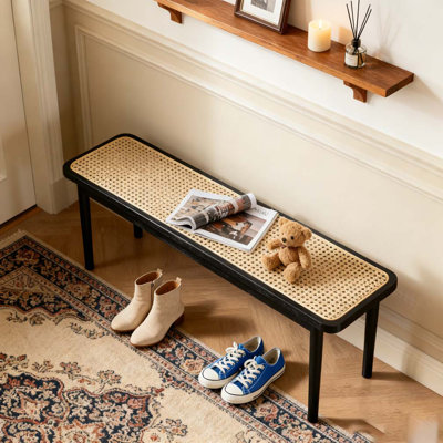 Modern Style Black Color Solid Oak Wood Dining Bench with Rattan Detail by Latitude Run