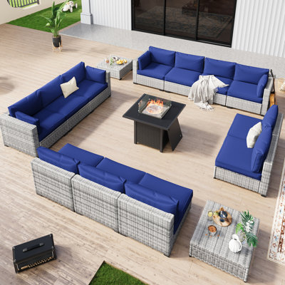 No-Assembly Chairs, 12-Person Patio Furniture Set Durable Wicker Outdoor Sectional Seating Group Outdoor Conversation Sofa With Fire Pit