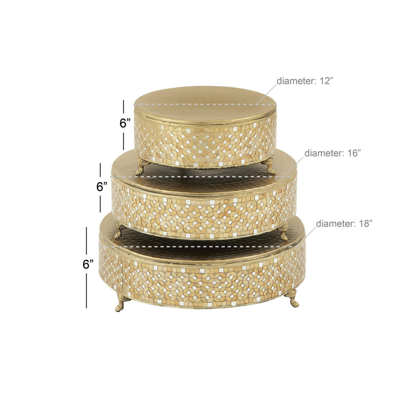 Gold Mosaic Patterned Glass and Metal Cake Stand Set of 3